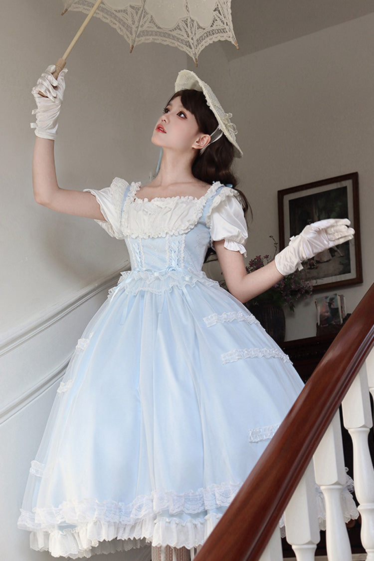 Light Blue Sweet Dress Set with Square Collar and Ruffles