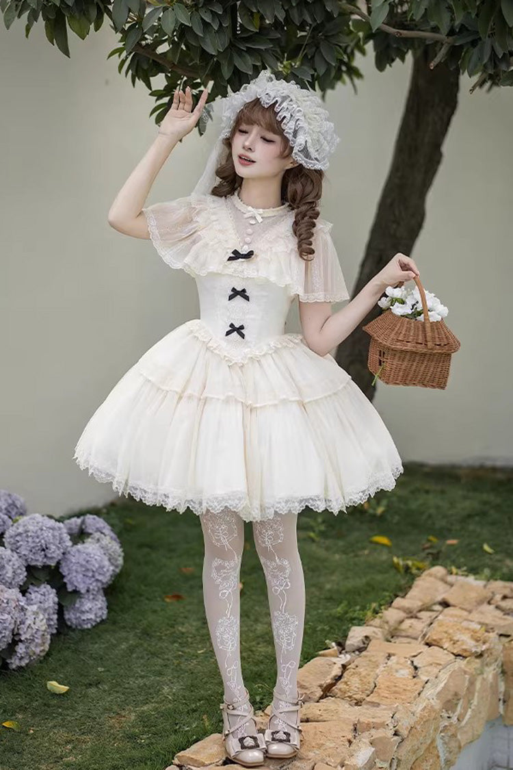 Elegant Sweet Lolita Dress with Edwardian Collar and Ruffled Bow - Ivory