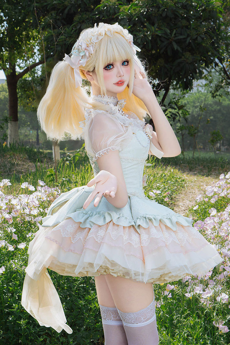 Sleeveless Multi-Layered Ruffle Bow Lace Lace-Up Princess JSK Dress in Green