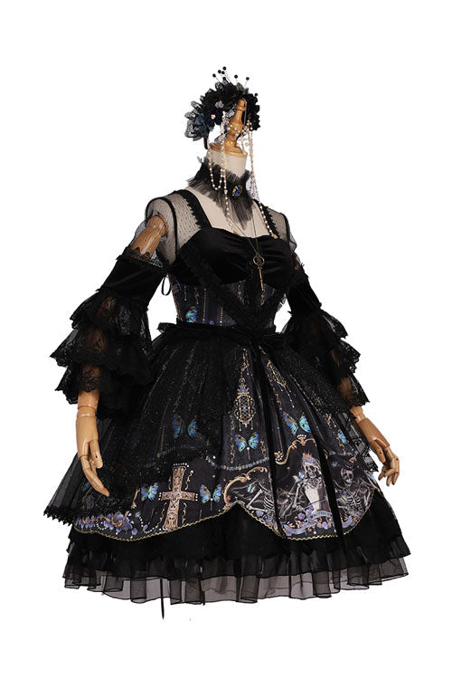 Black Skull Print OP Dress with Lantern Sleeves