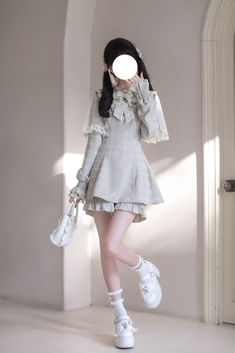 Tan Cocoa Brownie Plaid Bow-Trimmed Jirai Dress
