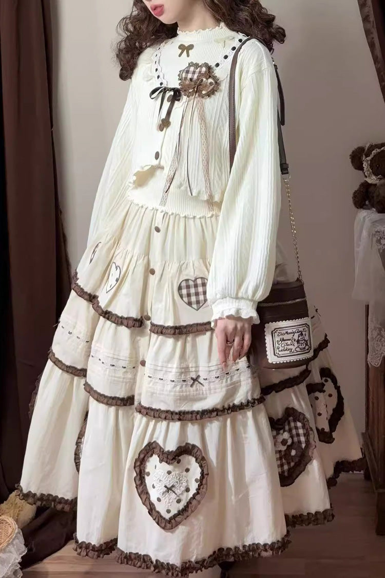 Cream Lovely Heart Triple-Layer Embroidery Bow Frilled Elegant Sweet Lolita Skirt