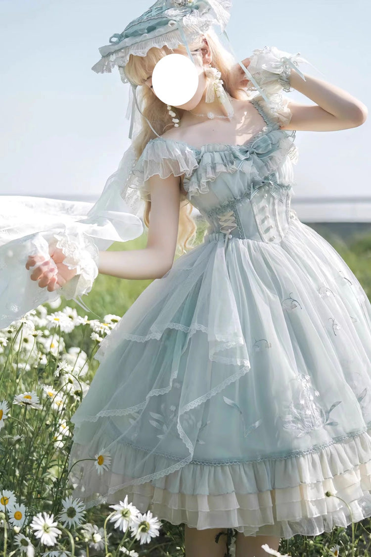 Green Layered Ruffle Embroidered Princess JSK