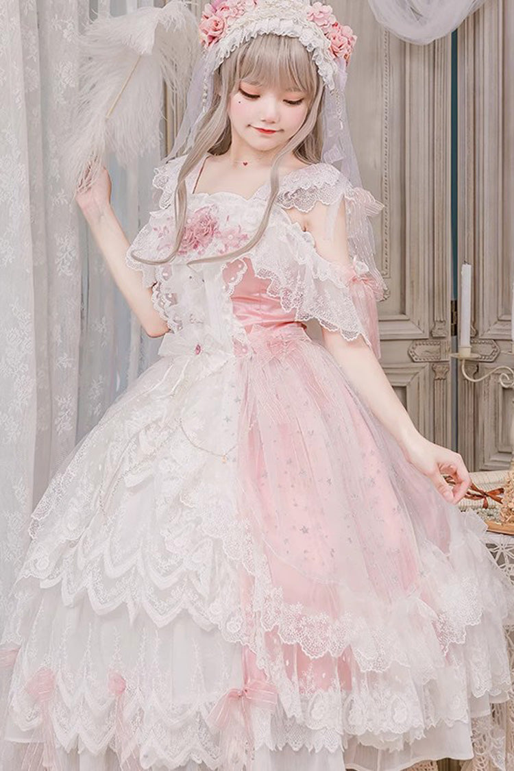 Glazed Phantom Off Shoulder Ruffle Hanayome Bow Lace Elegant Lolita Dress in Pink