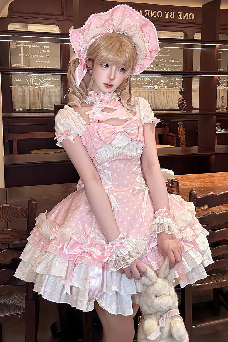 Pink Halter Polka Dot Bow Lace-Up Lolita Gown