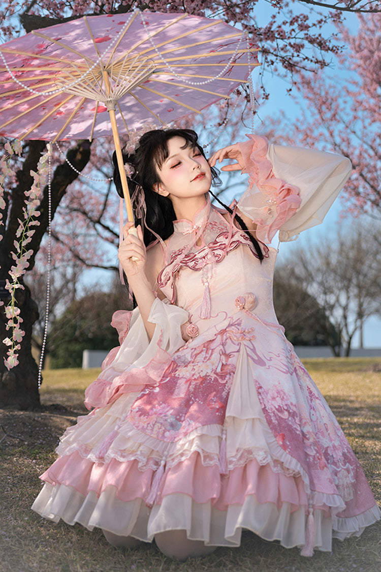 Flower Feast Pink Multi-Layered Print Ruffle Bowknot Sweet JSK Dress