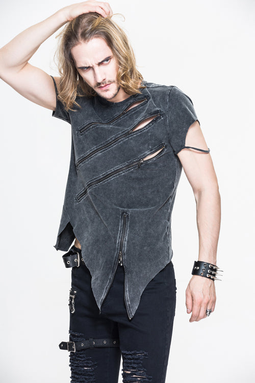 Punk Faded Zip-Up Tee with Rock Motif for Men