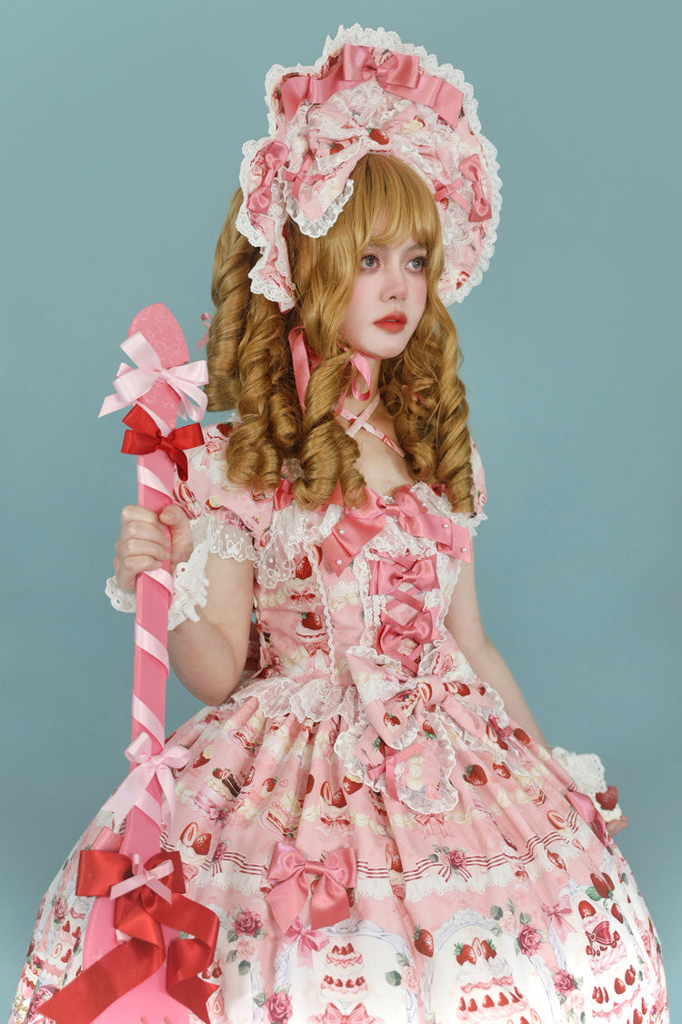Square Collar Bowknot Lace Sweet Dress with Short Sleeves - Strawberry Cake Bouquet