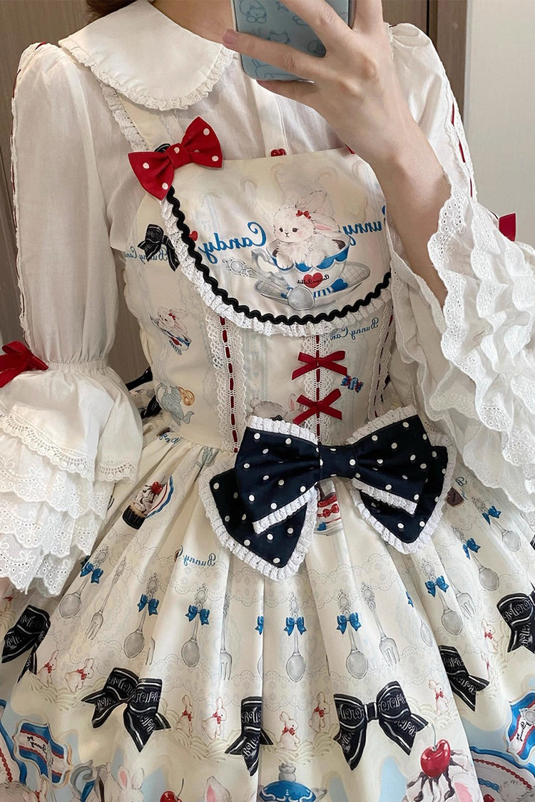 Sleeveless Print Ruffle Bowknot Lace Sweet Lolita Jsk Dress Beige