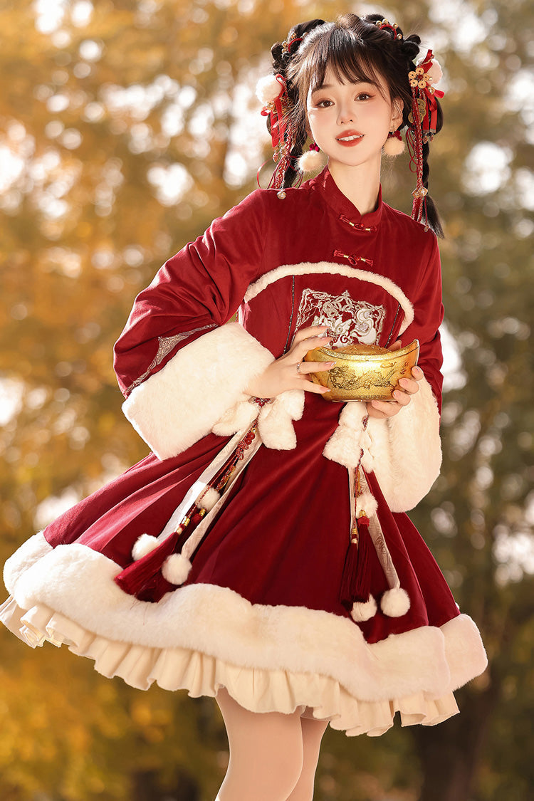 Crimson Embroidered Bow Chinese Sweet Lolita Hanfu Dress