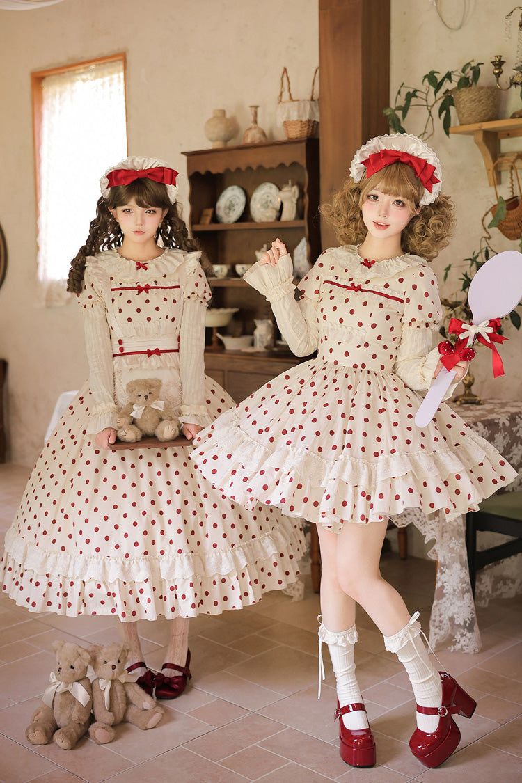 Apricot Sweet Elegant Lolita Dress with Cotton Round Collar Long Lantern Sleeves Polka Dot Print Ruffled Bow Lace