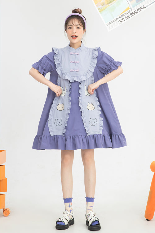 Lilac Chinoiserie Button Collar Short-Sleeved Ruffled Bunny-Ear High-Waist Doll Dress