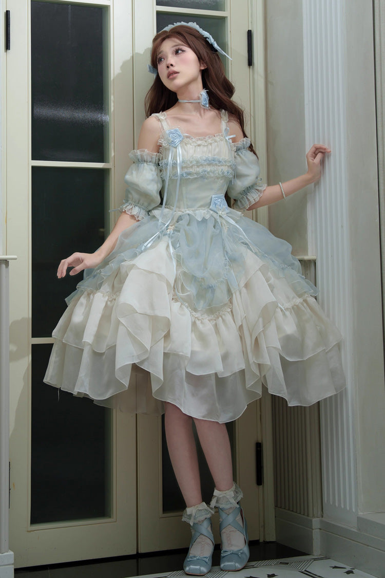 Goodnight Camellia Sleeveless Ombre Multi-Tiered Printed Ruffled Lace Fishbone Sweet Lolita Jumper Dress Three Colors