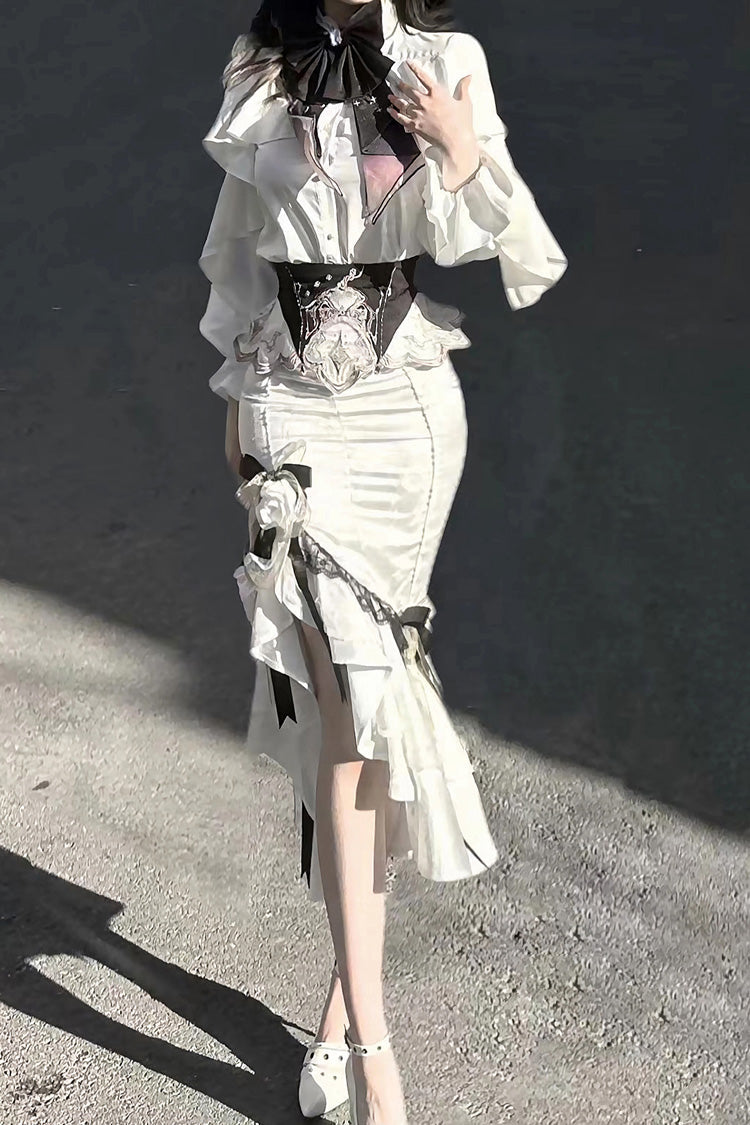 Ivory Jacquard Embroidered Irregular Skirt with Bow - Star Gate