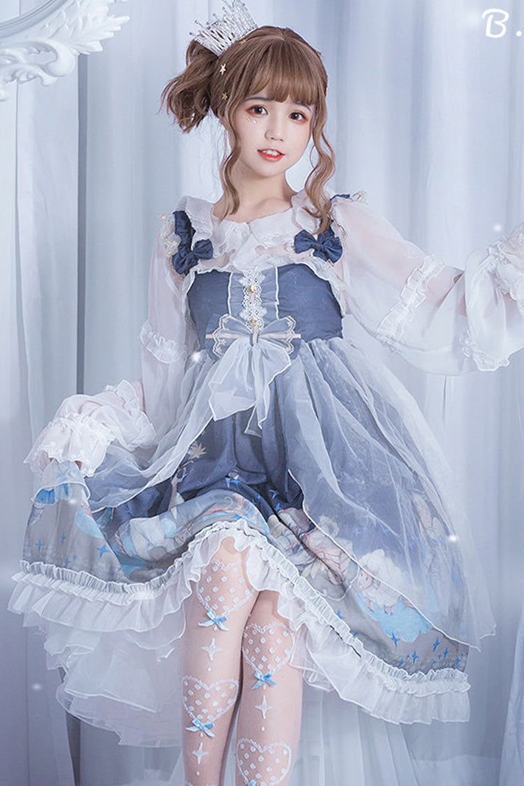 Blue Lace Chiffon Sweet Lolita Jsk Dress Little Prince Printed - Altfashion Shop