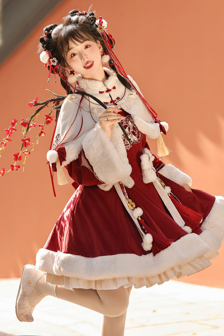Crimson Embroidered Bow Chinese Sweet Lolita Hanfu Dress