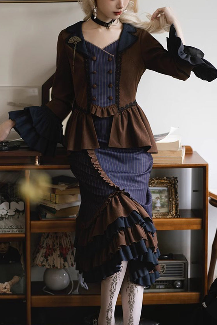 Blue Brown Time Traveler Long Sleeved Layered Printed Punk Mermaid Skirt Set