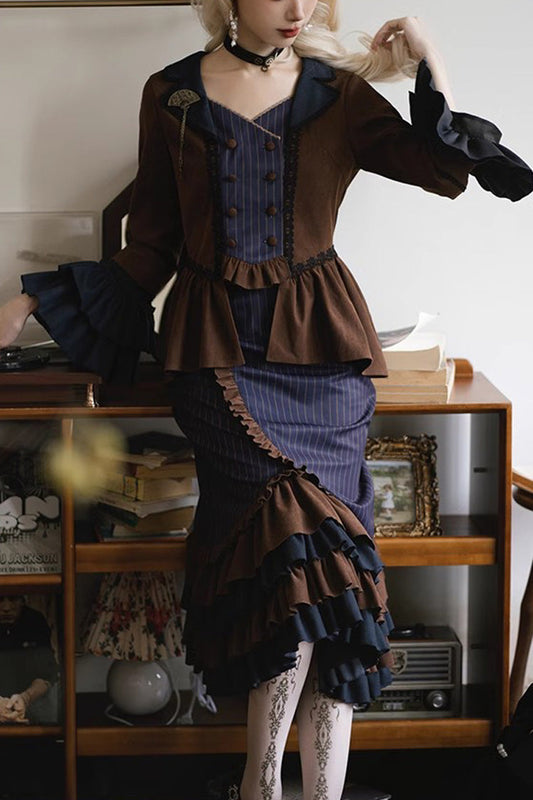 Blue Brown Time Traveler Long Sleeved Layered Printed Punk Mermaid Skirt Set