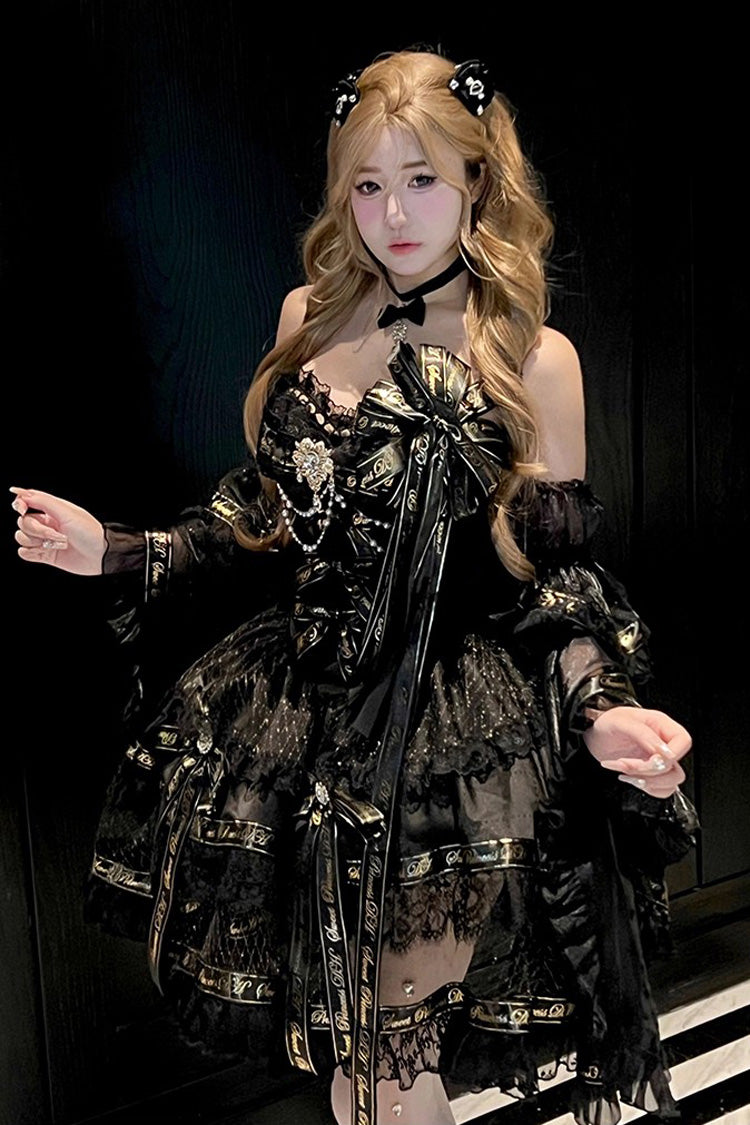 Black Sleeveless Double-Layered Ruffle Bow Pearl Gothic Dress