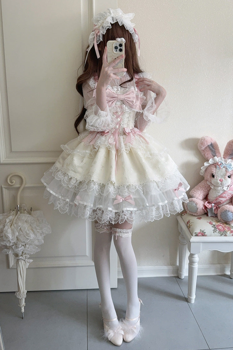 Apricot Sweet Ballet Lolita JSK Dress with Sleeveless Ruffles Bowknot Lace and Slim Fit
