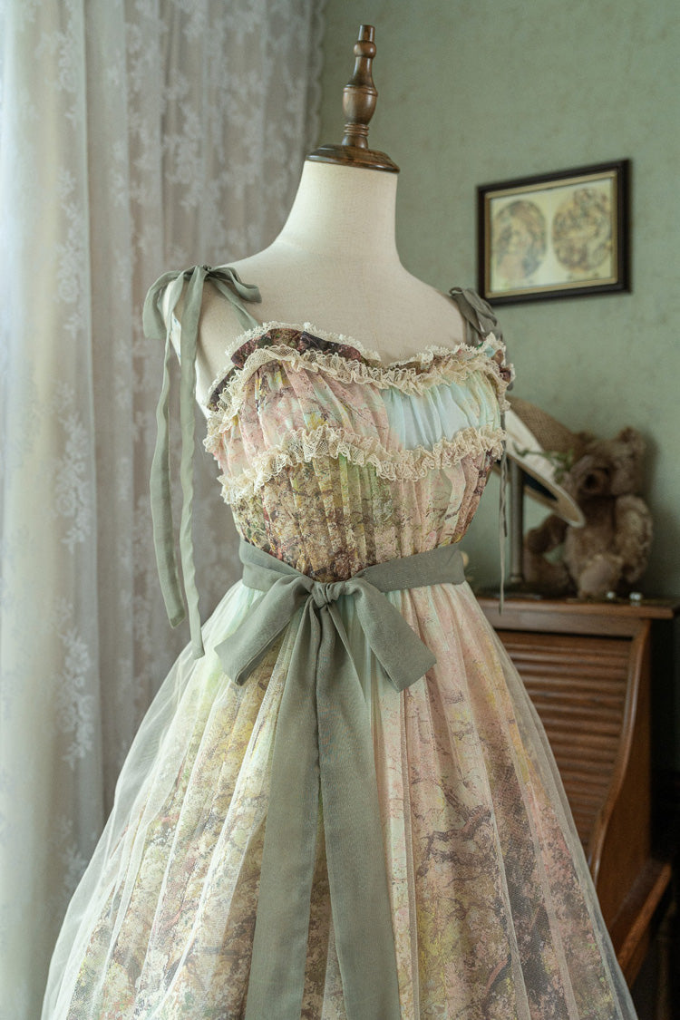 Green Oil Painting Spring Sleeveless Print Ruffle Bow Lace Sweet Jsk Dress
