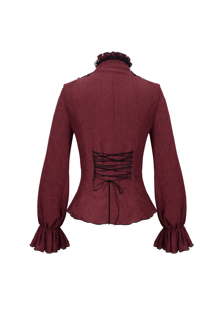 Crimson High Neck 3D Embroidered Lantern Trumpet Gothic Shirt