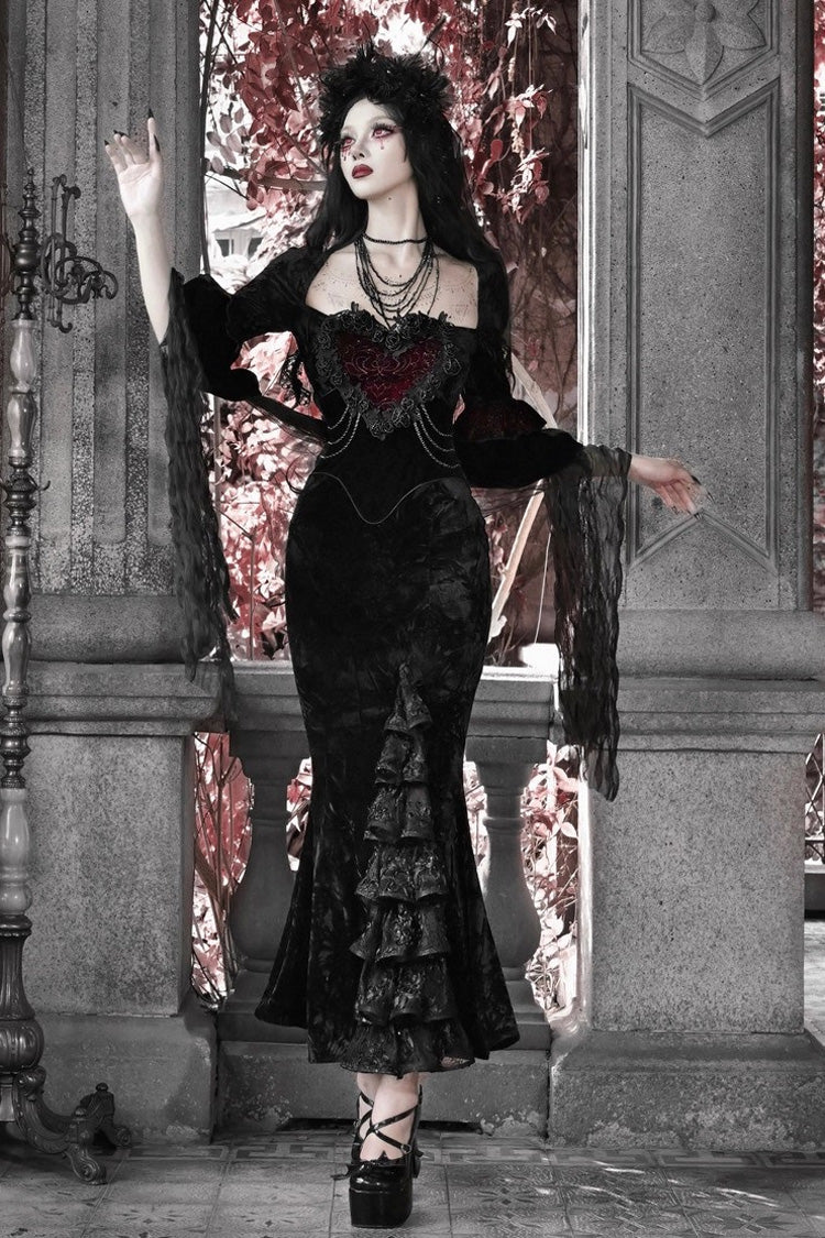 Square-Collar Embroidered Mermaid Gothic Dress in Black