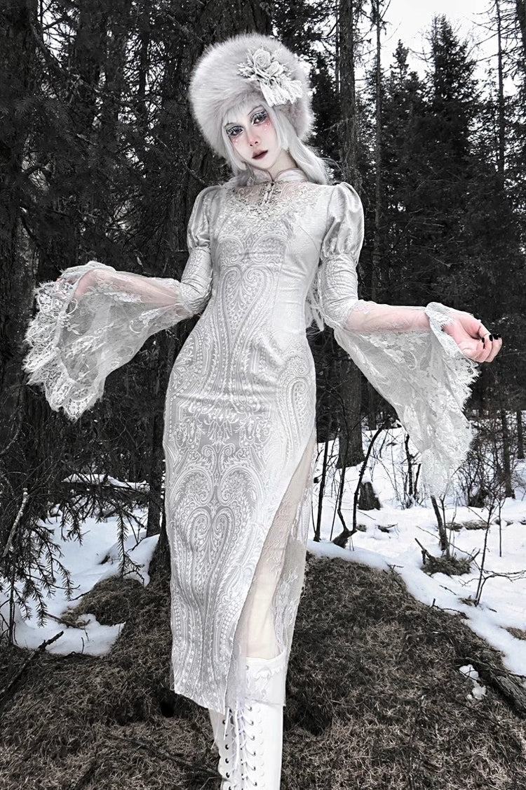 Silver High-Waisted V-Neck Long Sleeve Lace Ruffle Gothic Fishtail Dress - The Call of the Snow Country