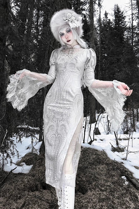 Silver High-Waisted V-Neck Long Sleeve Lace Ruffle Gothic Fishtail Dress - The Call of the Snow Country