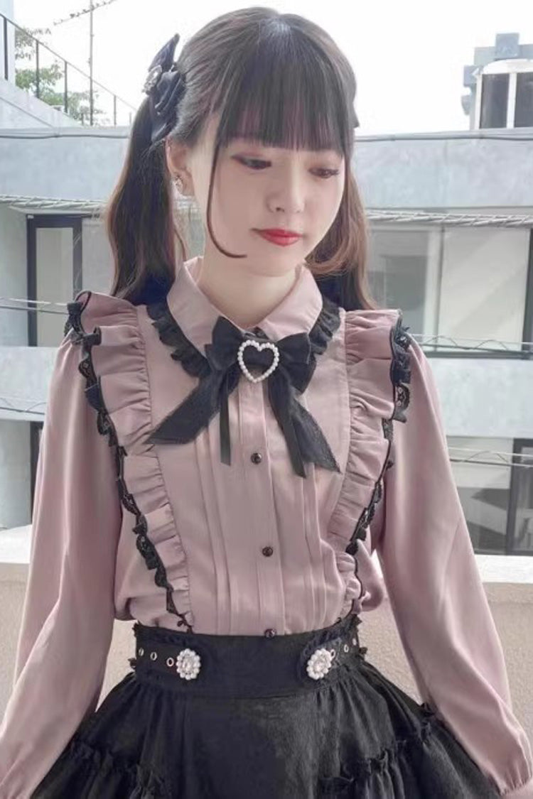 Pink Lace Bowknot Blouse with Doll Collar and Long Sleeves