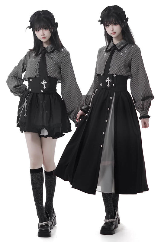 Hymn of the Cross Gothic Ruffled Asymmetric Chain Skirt Set - Black