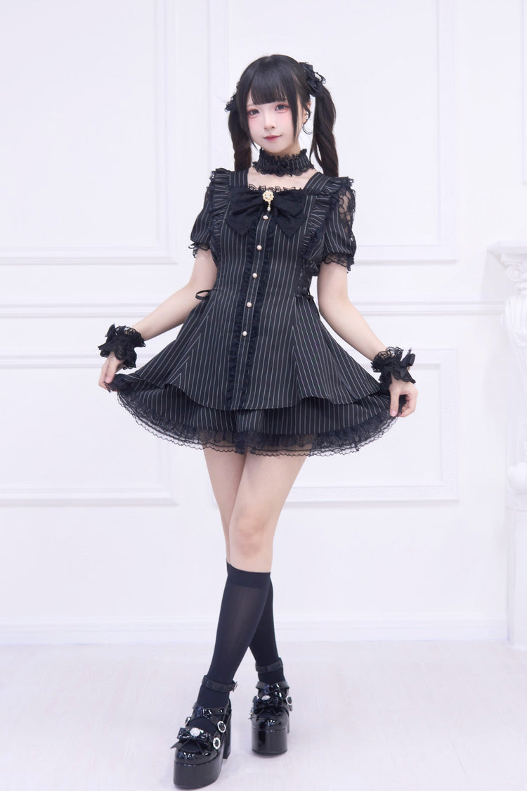 Black Waltz Short Sleeve Stripe Print Ruffle Bow Gothic Jirai Kei Dress Set