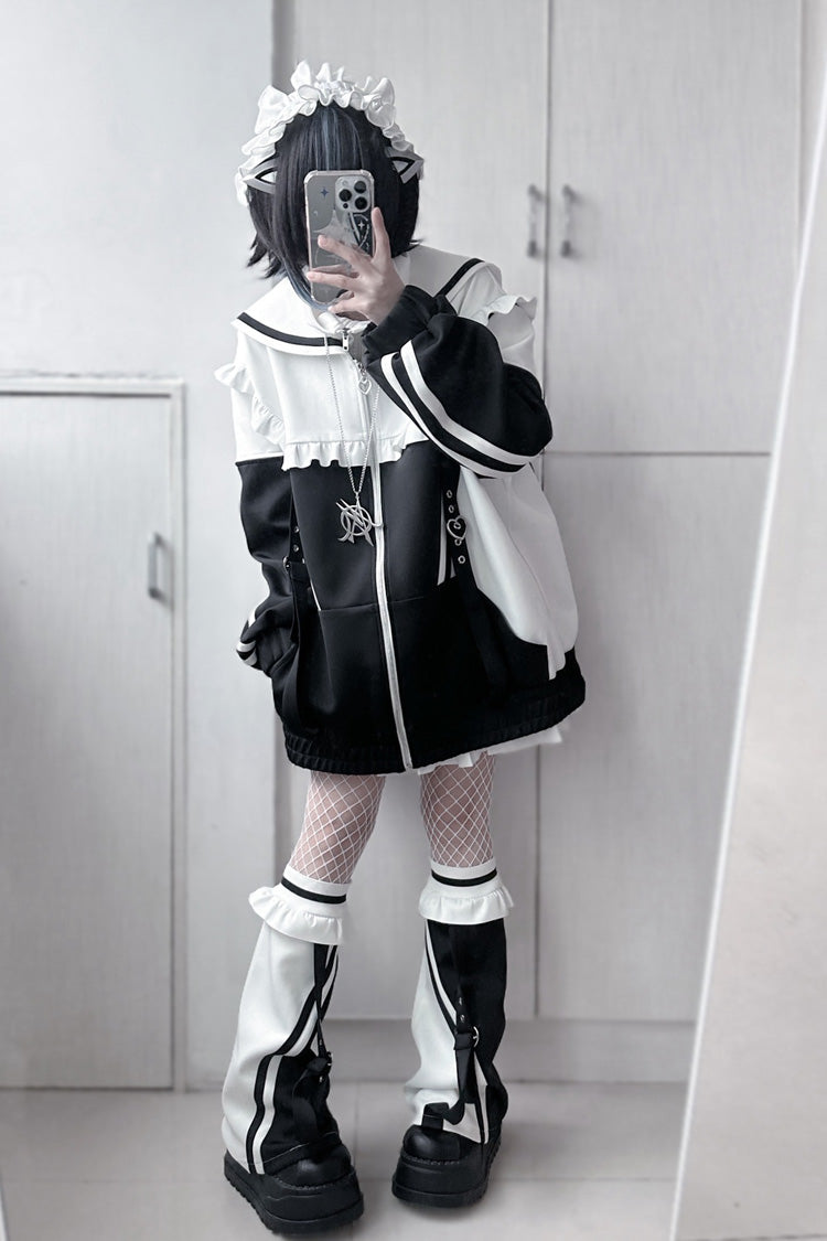 Ruffle Color Block Zip Up Jirai Coat with Long Sleeves in Three Variants
