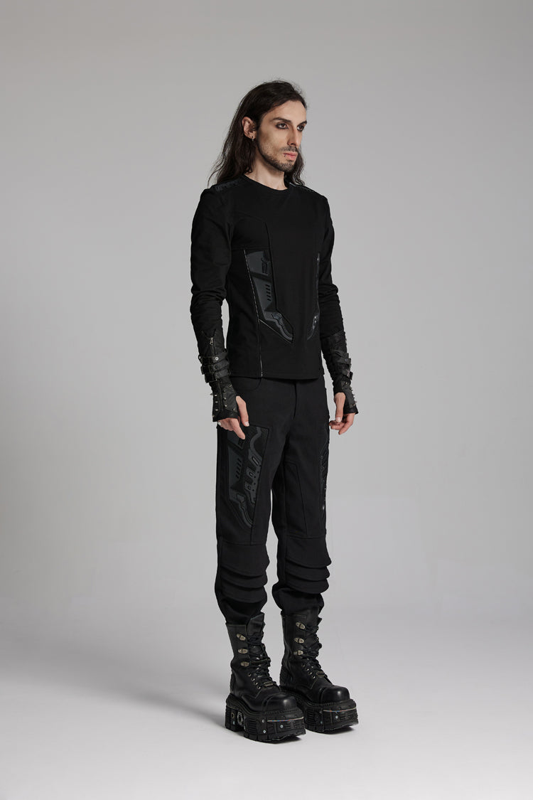 Obsidian Crewneck Long-Sleeve 3D Armor Patch Punk Tee for Men