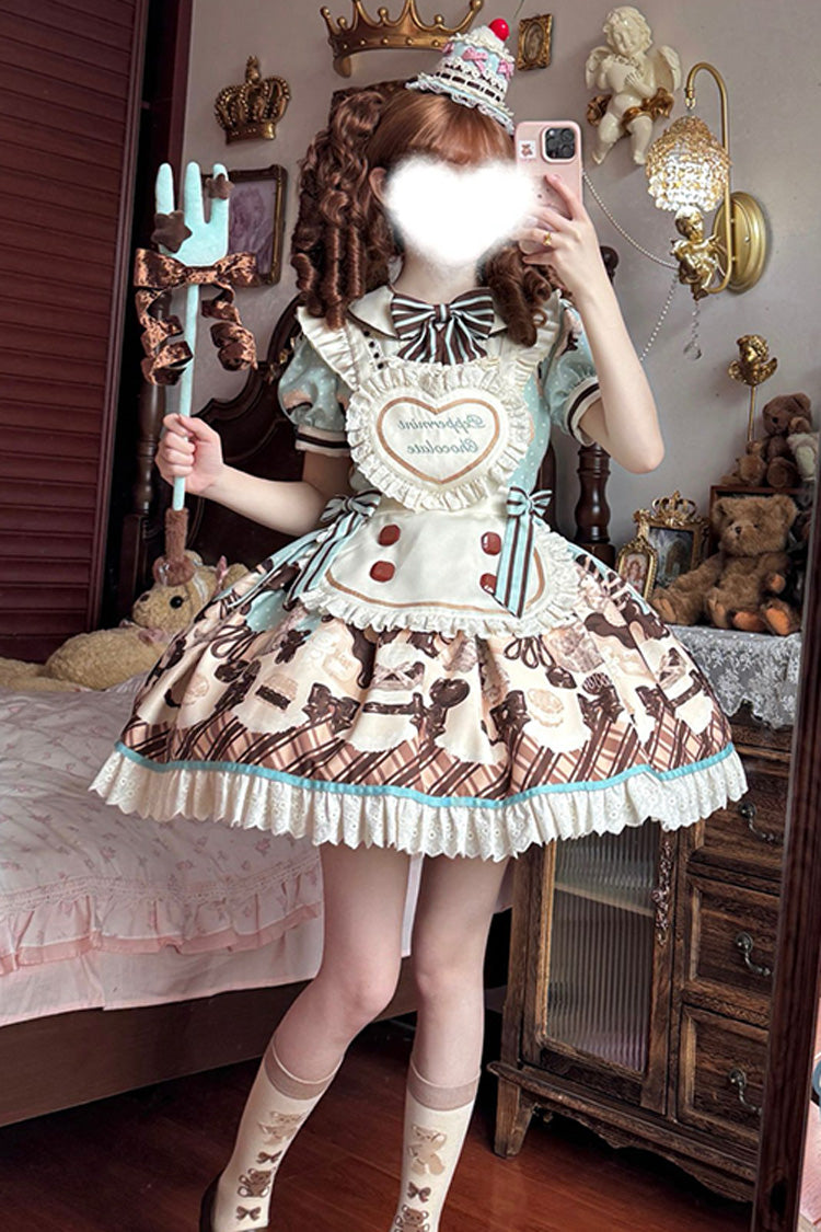 Brown Chocolate Cake Bear Print Ruffled Bow Lace-Up Sweet Dress - Peppermint Chocolate