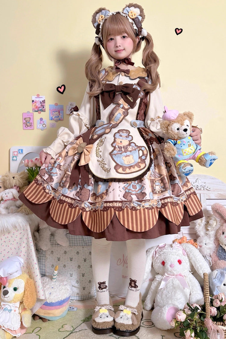 Long Sleeve Print Bow Sweet Dress Set