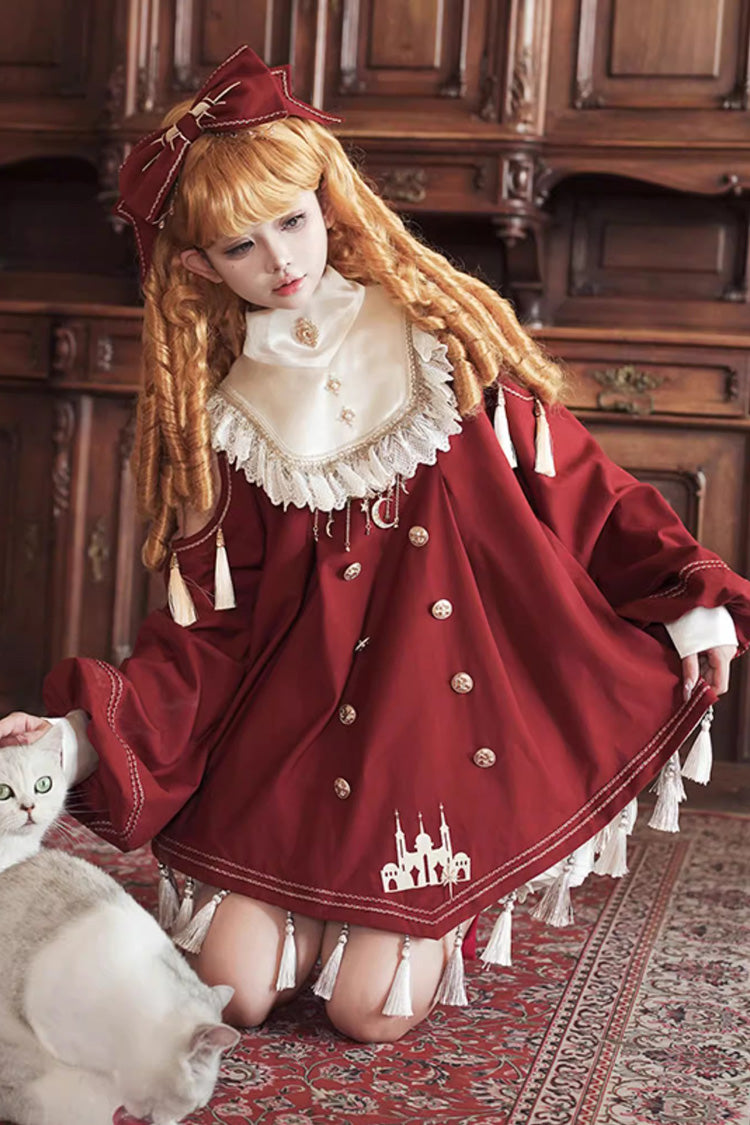 Crimson Starry Night Gown with Ruffled Sleeves and Embroidery