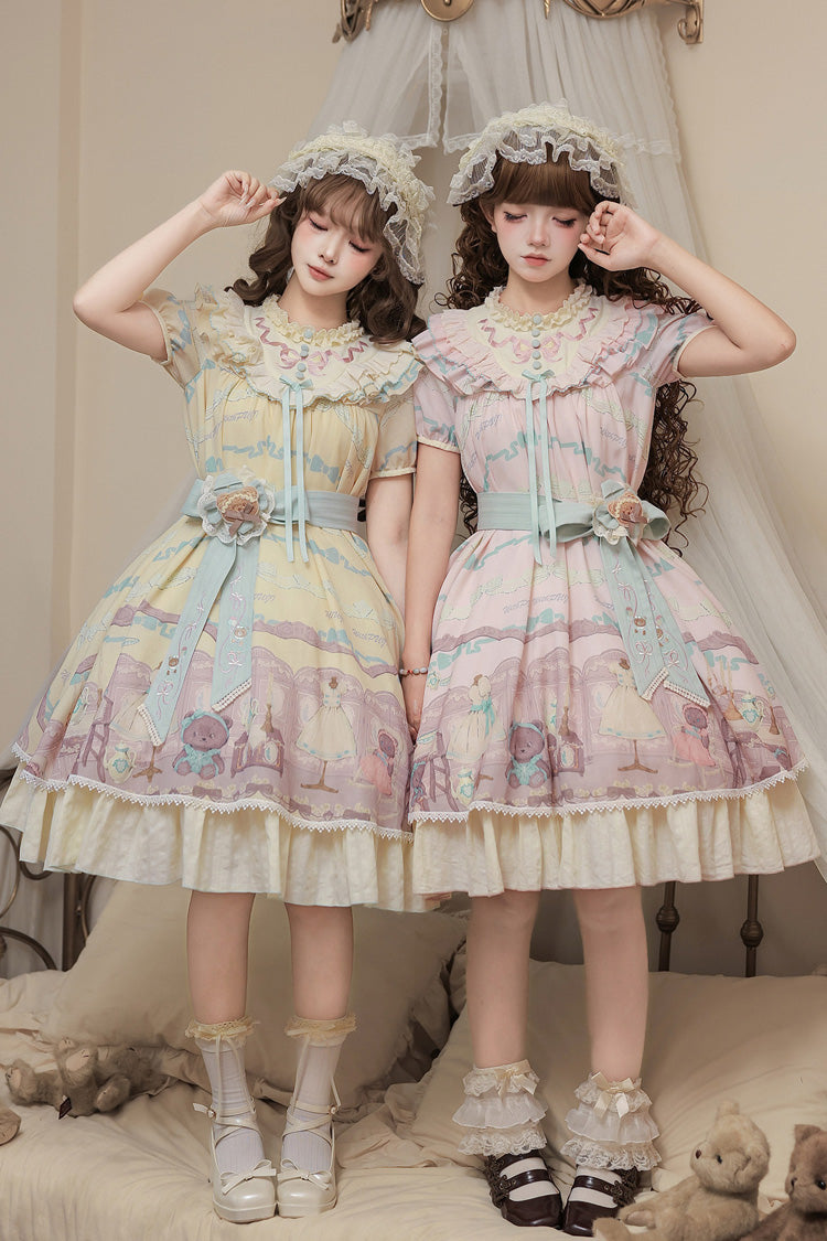 Brown Dollhouse Short Sleeves Bear Printed Ruffled Bow Sweet Lolita Dress Set - Pink