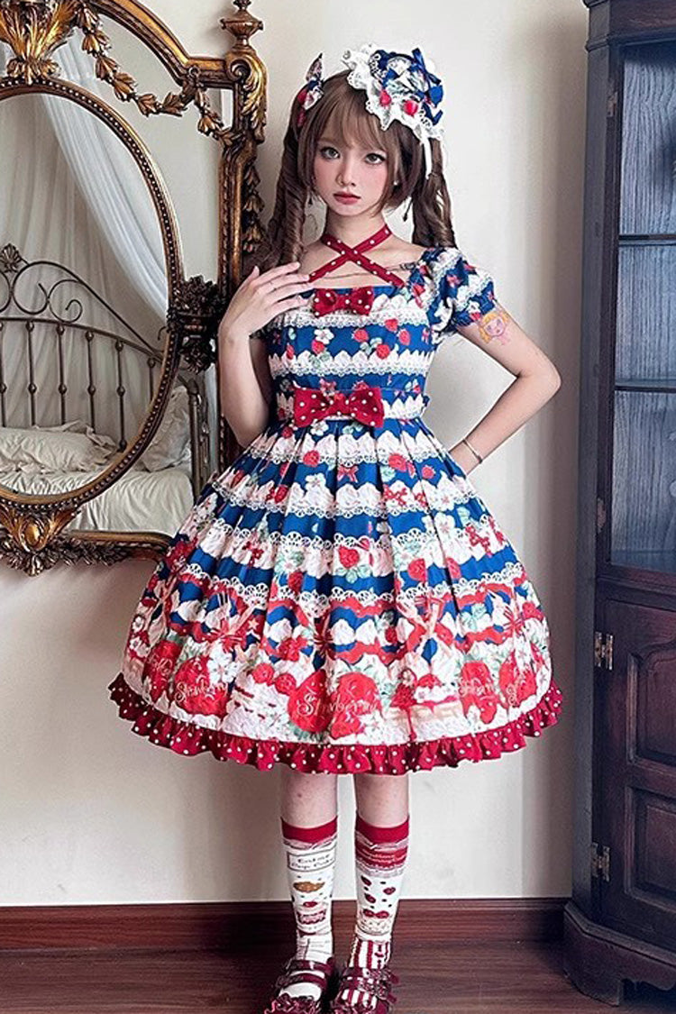 Cream Berry Fairy Red/Blue Short Sleeves Printed Ruffled Bow Sweet Lolita Dress - Miss Brown