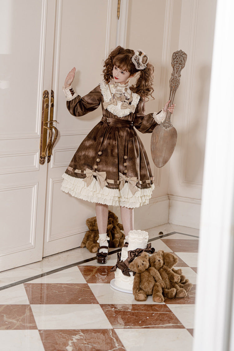 Chocolate Cat Print Long Sleeve Ruffle Bow Sweet Dress