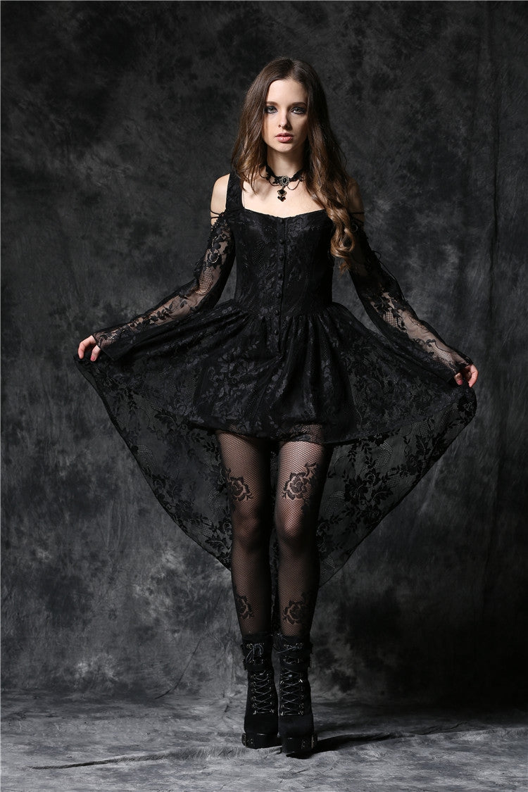 Square Collar Long Sleeves Overlay Embroidered Lace Gothic Dress