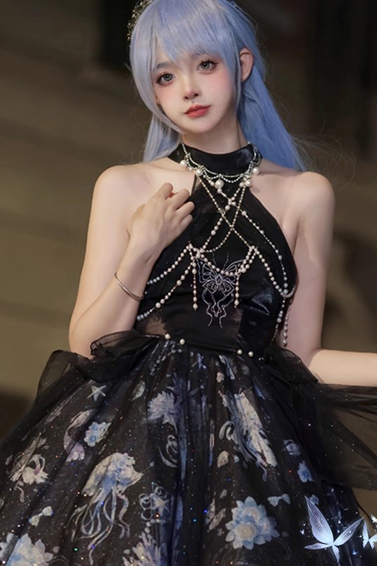 Blue Halterneck Sleeveless Embroidery Bowknot Lace Elegant JSK Dress
