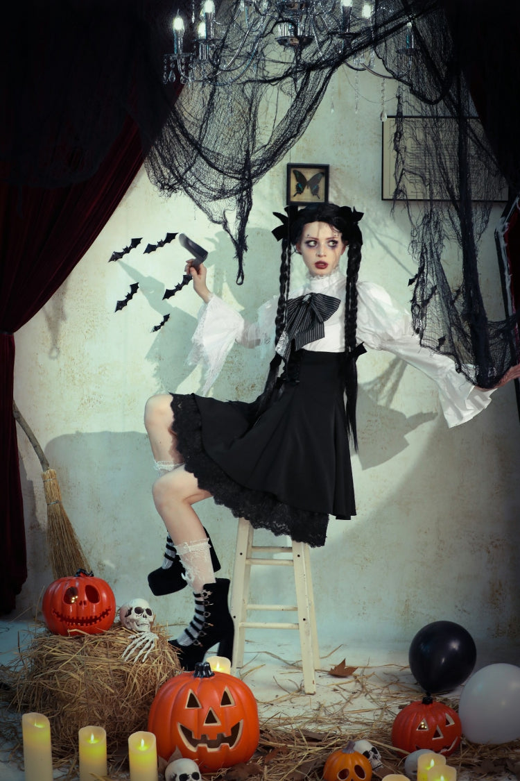Lace High Collar Asymmetric Long Trumpet Puff Sleeves Bowknot Gothic Short Dress
