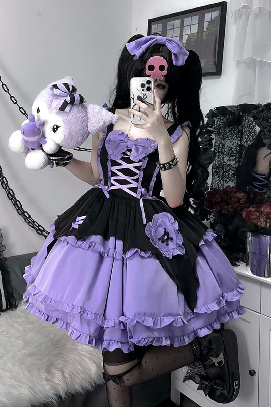 Black Purple Halloween Little Witch Sleeveless Double-Layered Ruffle Lace-Up Gothic Lolita Jsk Dress