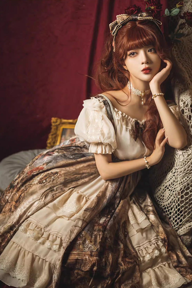 Oil Painting Bowknot Lace Elegant Palace JSK in Brown