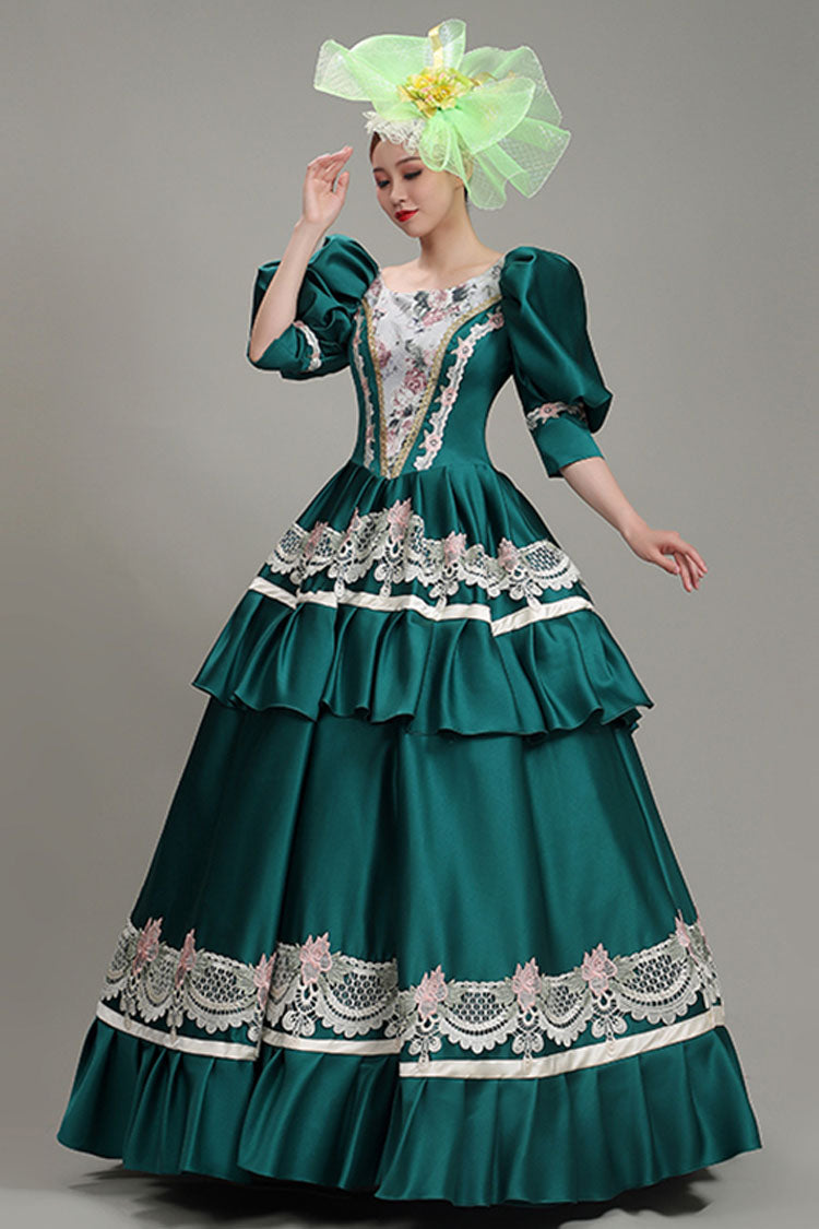 Jade Victorian Tiered Dress with Lantern Sleeves and Hollow Embroidery