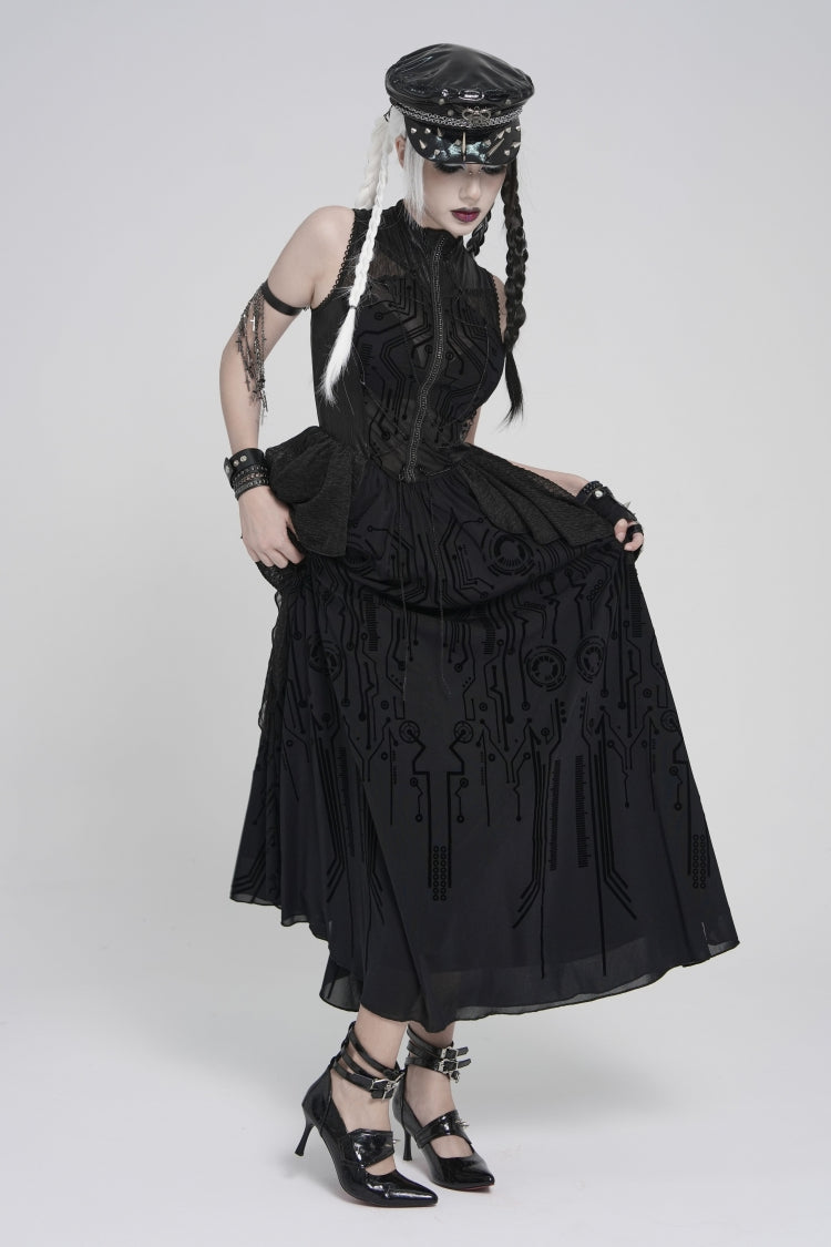 Stand Collar Sleeveless Multi-Layered Printed Sheer Punk Elegant Gorgeous Dress