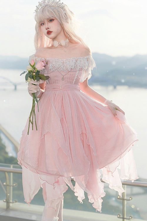 Rose Square Neck Boat Neck Versatile Lace Short Sleeve Irregular Petal Hem Sweet Lolita Gown