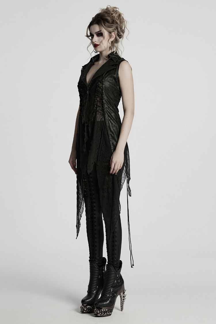 Nocturnal Lace-Up Mesh Sleeveless Gothic Waistcoat with V-Neck