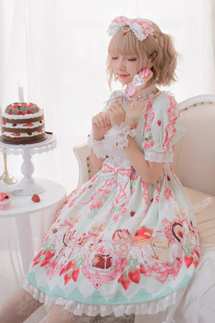 Short-Sleeve Ruffled Bow Sweet Dress with Print - Strawberry Feast